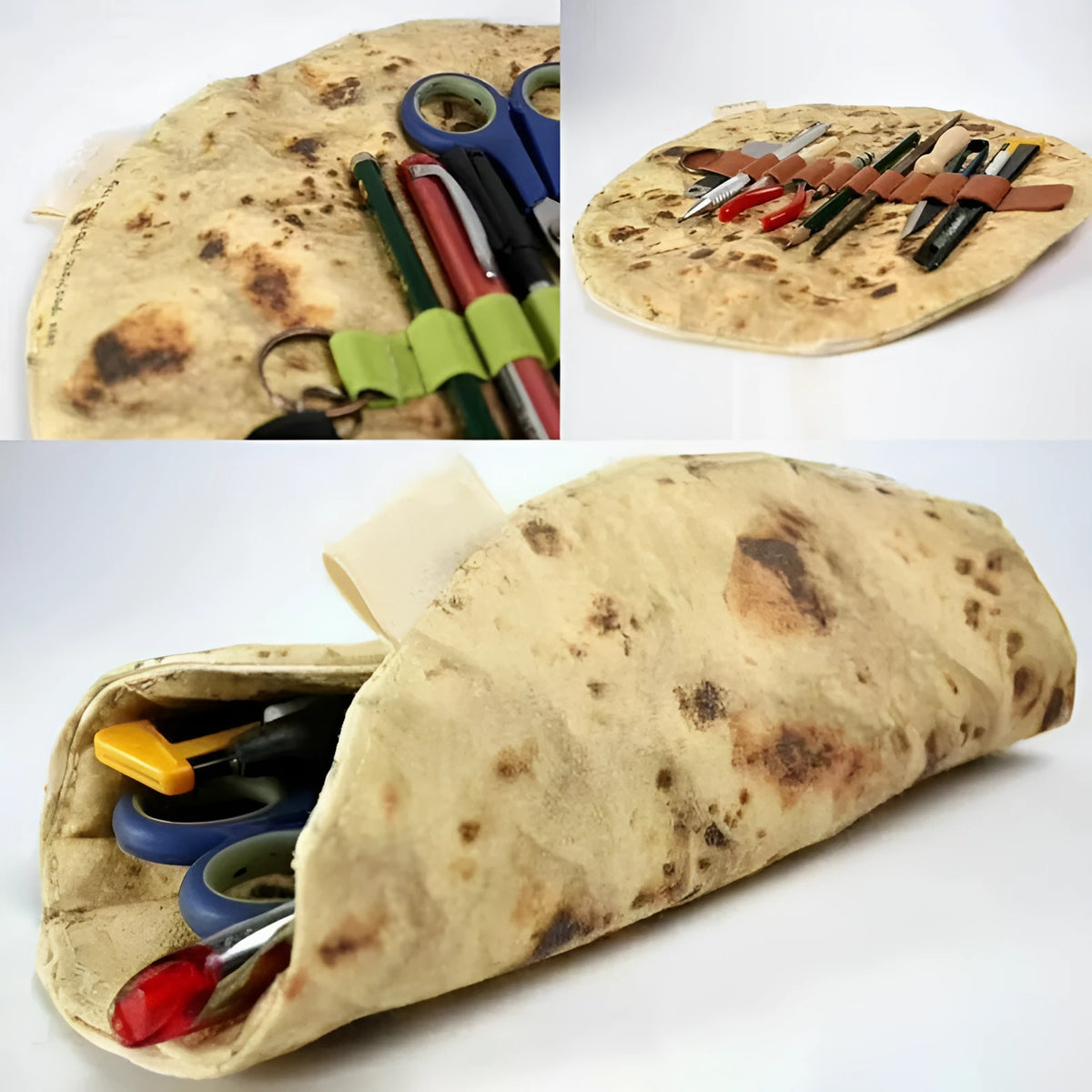 Fabric burrito pencil case, 22 x 22 cm novelty pencil holder in Clay Oven Rolls style