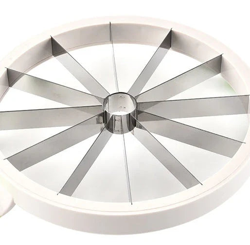 Premium stainless steel watermelon slicer with non-slip handles for easy, effortless cutting and slicing of watermelons up to 8.1 inches in diameter