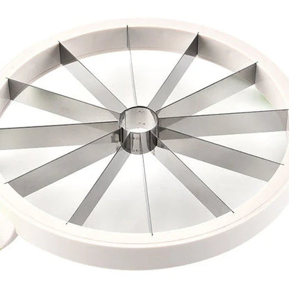 Premium stainless steel watermelon slicer with non-slip handles for easy, effortless cutting and slicing of watermelons up to 8.1 inches in diameter