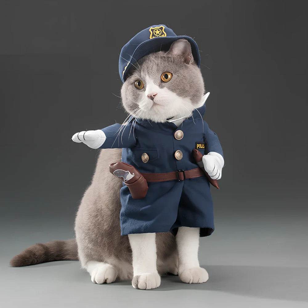 Polyester cat costume in character design with size label showing bust and neck measurements