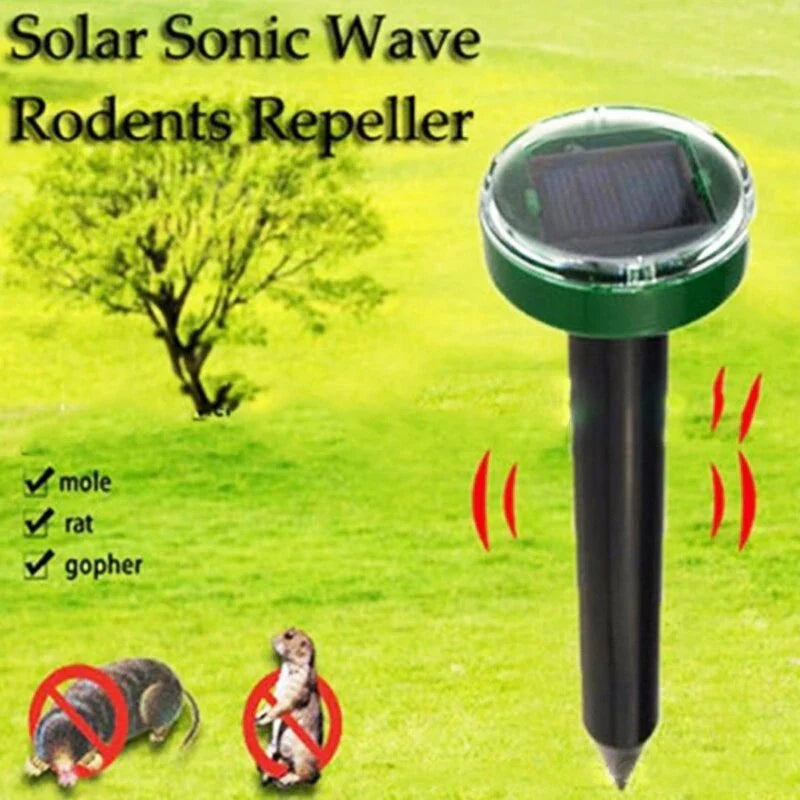 Solar-powered ultrasonic pest repeller with watertight design and 360-degree coverage to deter rodents and snakes in yard and garden