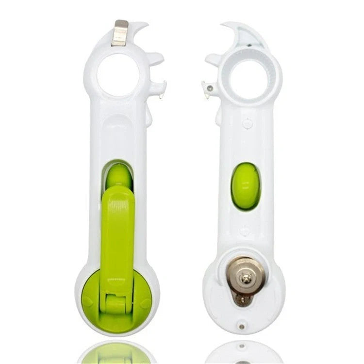 Universal can opener with six functions for easy opening of cans, bottles, and jars