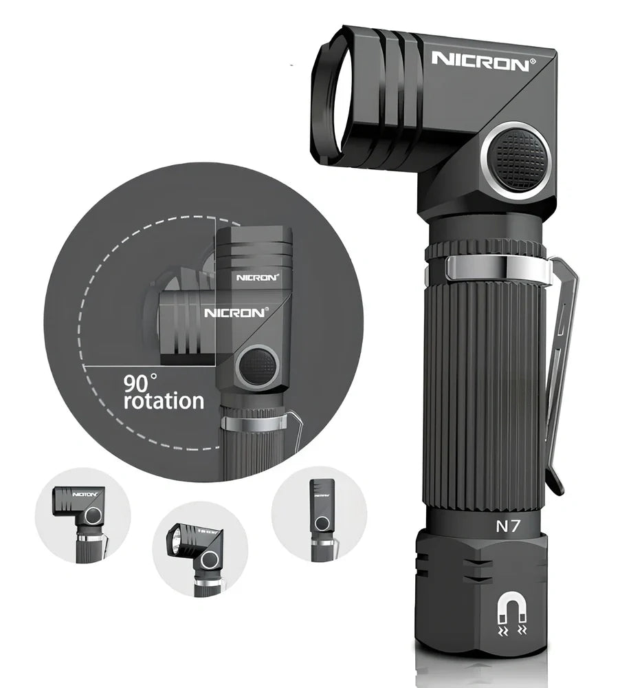 Grey black hands-free LED flashlight with magnetic base and rotary clip for mounting