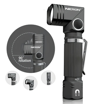 Grey black hands-free LED flashlight with magnetic base and rotary clip for mounting