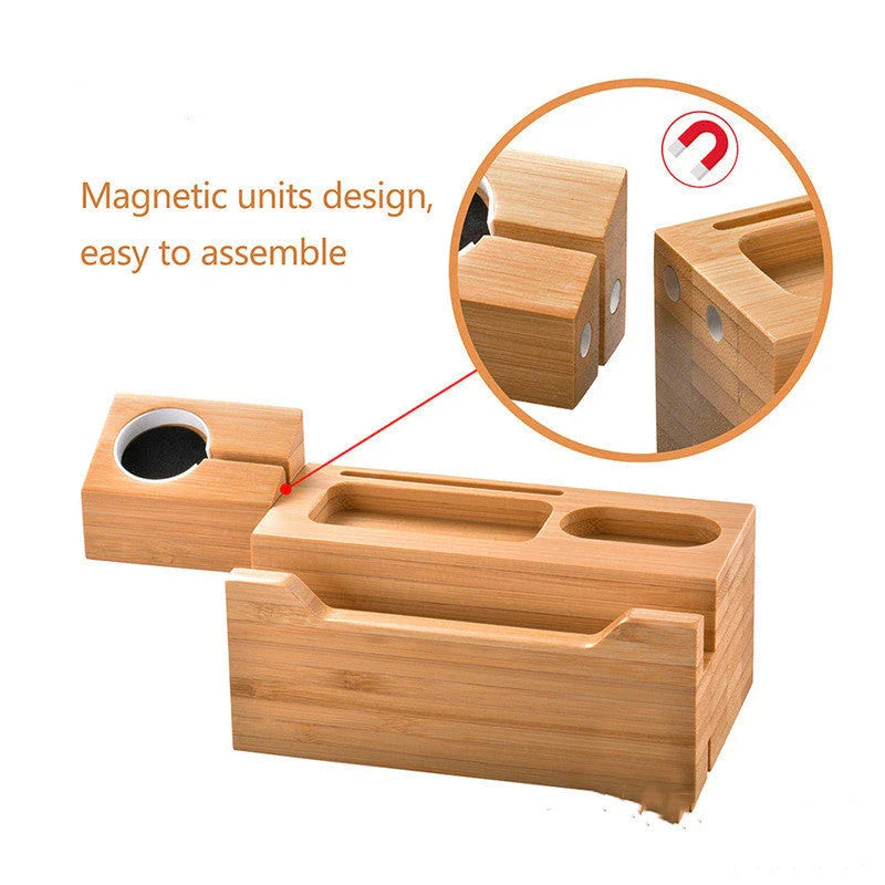 Premium bamboo charging station with slots for iPhone, iPad, and Apple Watch