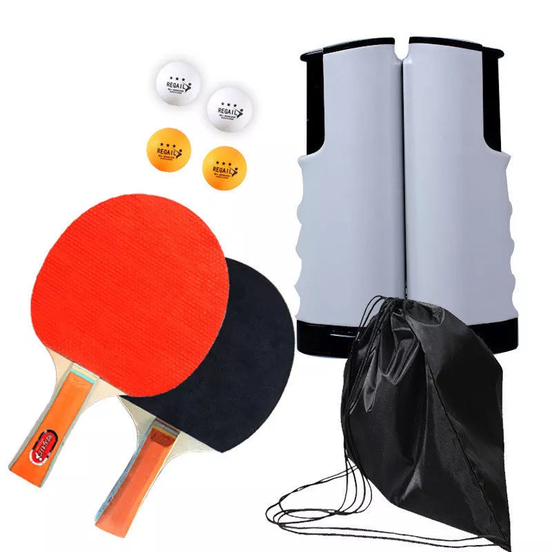 Retractable and portable table tennis racket set with anti-adhesive rubber, includes rackets, balls, net, and bag