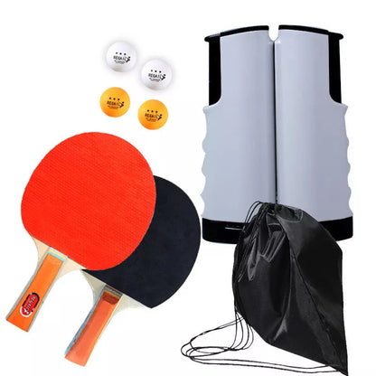 Retractable and portable table tennis racket set with anti-adhesive rubber, includes rackets, balls, net, and bag