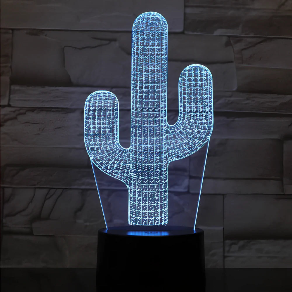 Cactus-shaped LED night light with 3D acrylic design showing colour-changing illumination in compact 200mm size