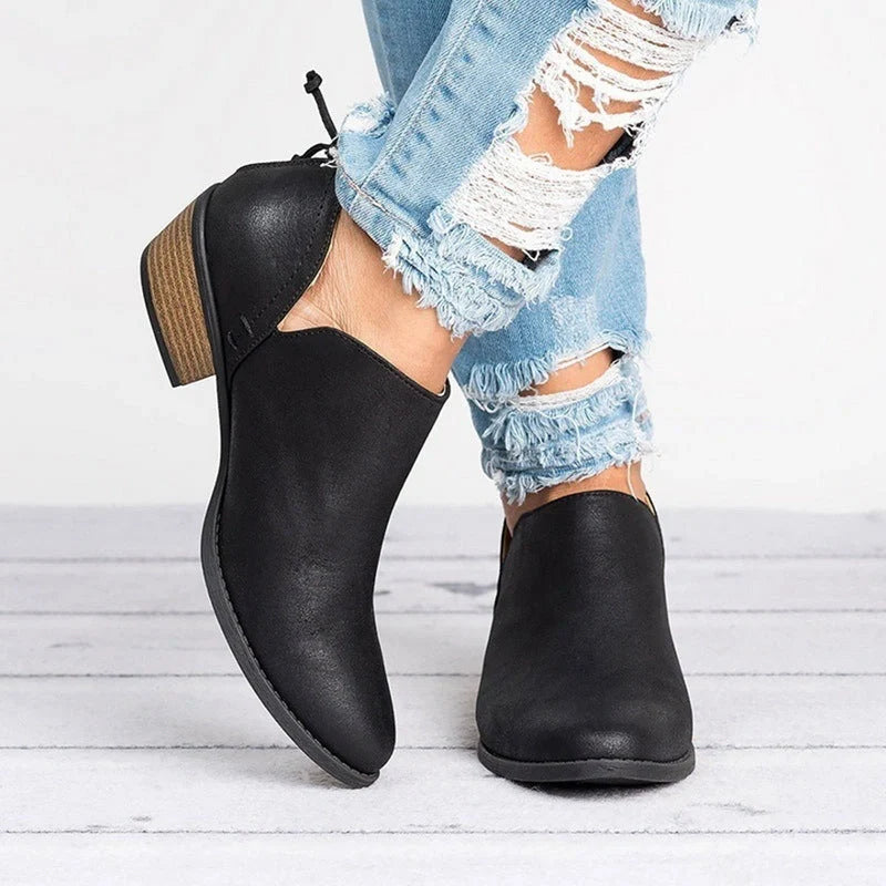 Stylish women's retro high heel ankle boots for autumn in pink, black, and beige