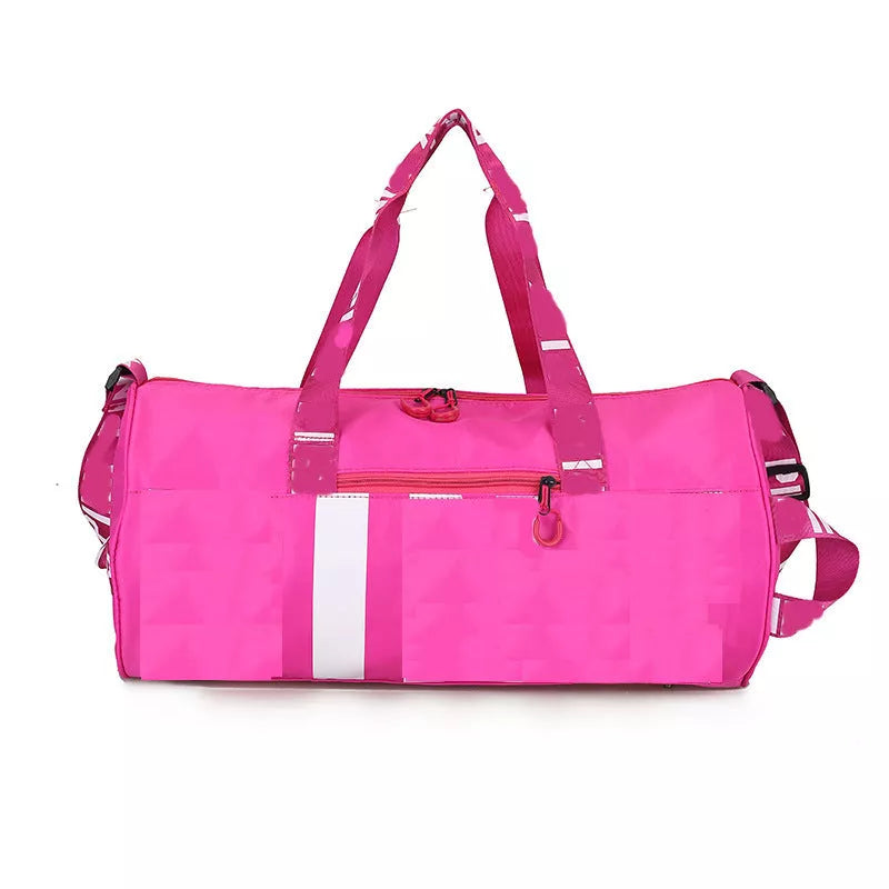 Large fitness bag with multiple compartments in blue, purple, pink, black, and grey