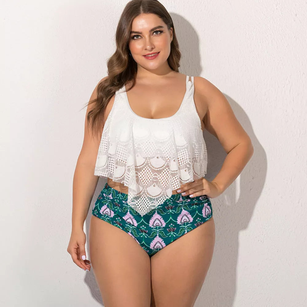 Plus size split swimsuit for women in various colors and patterns, chlorine-resistant fabric