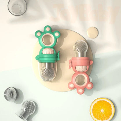 Fruit-infused baby pacifier feeder with mesh design, made of safe, high-quality silicone material