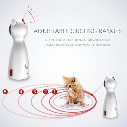 Automated cat laser pointer toy with adjustable range, designed to engage your cat's natural hunting instincts and provide physical and mental stimulation.