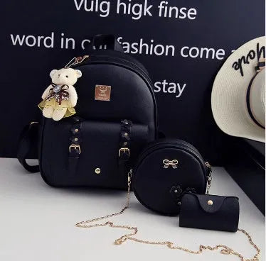 Women's PU leather 3-piece bag set showing backpack, shoulder bag, and card purse in a choice of colours.