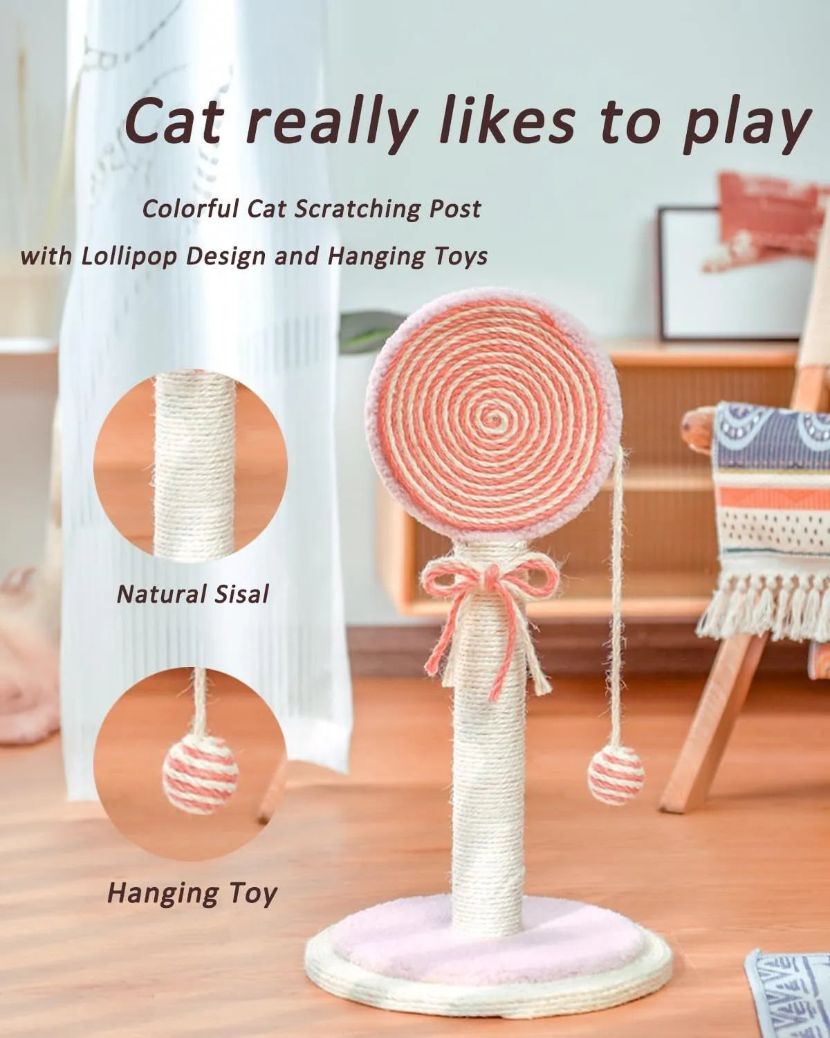 Blue cat scratching post with sisal rope and a hanging ball on a sturdy wooden base.