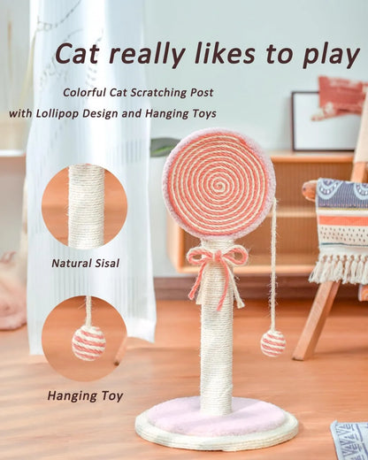 Blue cat scratching post with sisal rope and a hanging ball on a sturdy wooden base.
