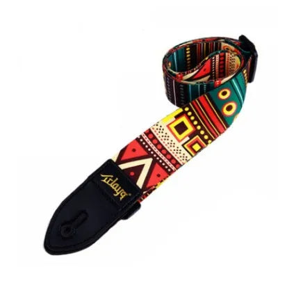 Printed cloth guitar shoulder strap showing eight different graphic design options