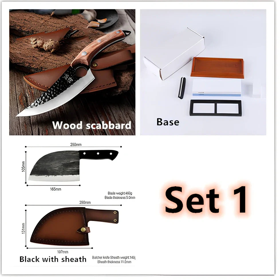 Hand-forged chopping knife with 17cm stainless steel blade and wooden handle