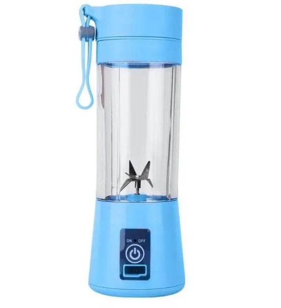 Pink portable USB electric fruit juicer blender cup with stainless steel blade and carry handle.