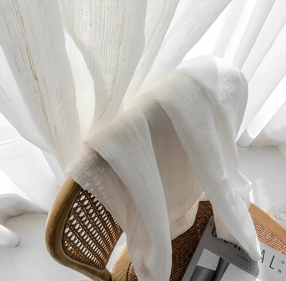 White Nordic linen curtain panel, hemp polyester blend, 1.0m width by 1.3m height, plain pattern for light diffusion