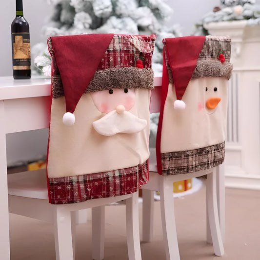 Christmas chair covers set with Santa Claus, Snowman and Santa Hat designs on dining chairs