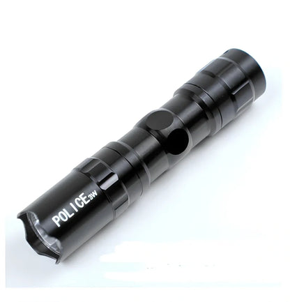 Compact black aluminum LED mini flashlight with 100-200m beam, 9.5cm long for portable use
