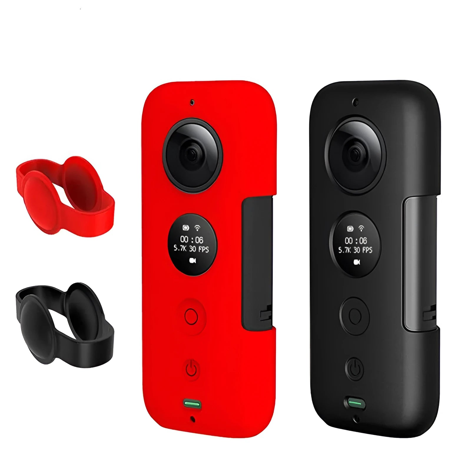 Insta360 ONE X silicone protective case in black or red colours showing camera protection