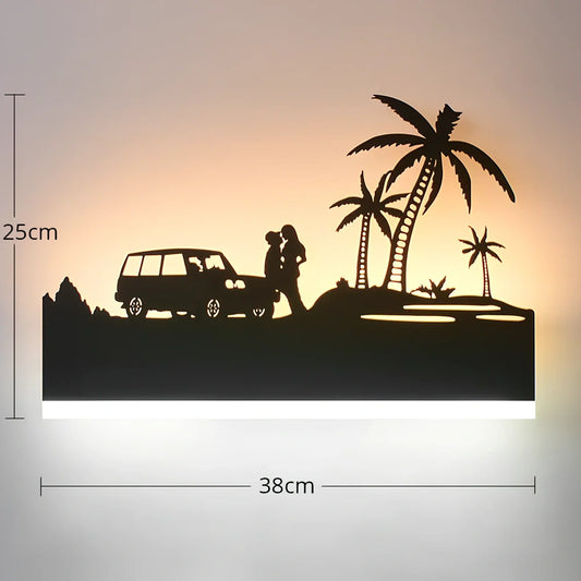Black circular LED wall lamp with 38cm diameter and laser-cut acrylic design