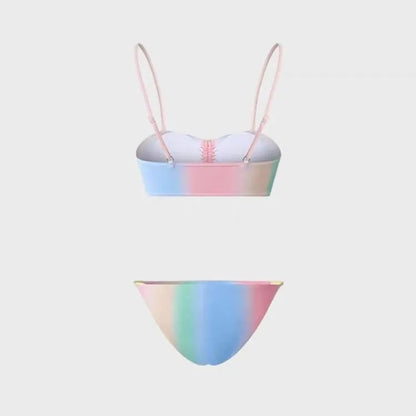 Women's lace-up front triangle top bikini swimsuit in a colour-matching style.