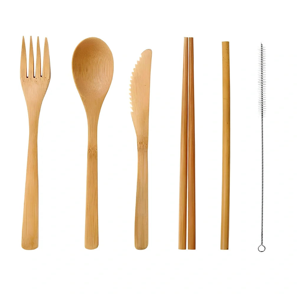 Green black reusable bamboo utensils set including 20cm spoon fork knife straw chopsticks brush and 22x19cm pouch for travel