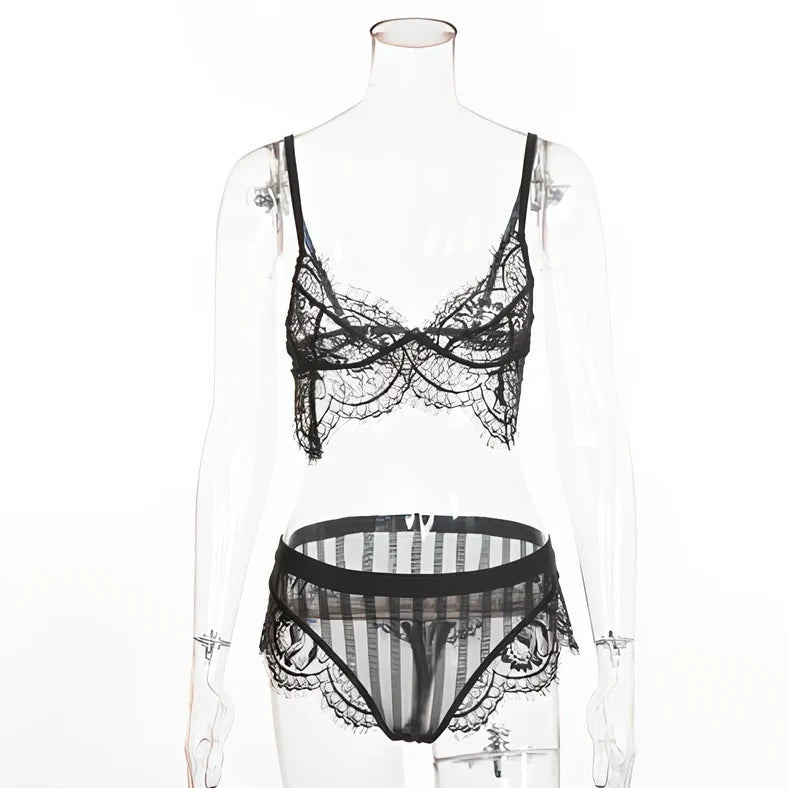 Black lingerie lace split underwear set with adjustable shoulder straps showing size measurements