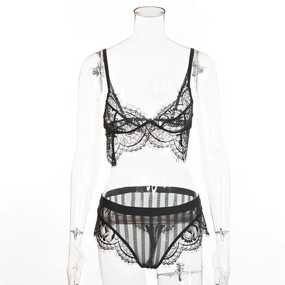 Black lingerie lace split underwear set with adjustable shoulder straps showing size measurements