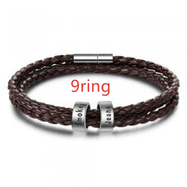 Personalized men's braided leather bracelet with stainless steel beads and custom name charm