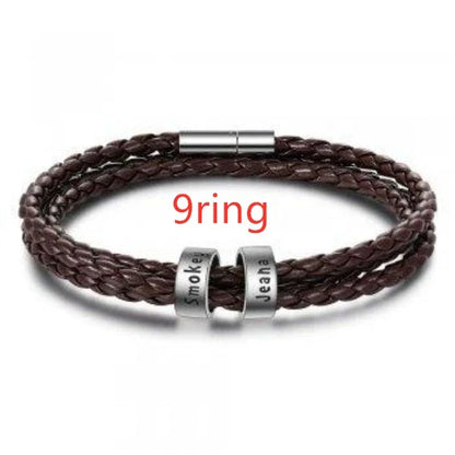 Personalized men's braided leather bracelet with stainless steel beads and custom name charm