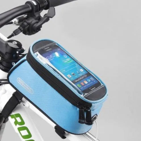 ROSWHEEL bicycle frame bag in black showing mounting on bike frame with iPhone inside
