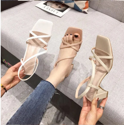 Women's thick-heel sandals with 8cm+ middle heel, one-word strap design in apricot colour showing backless style