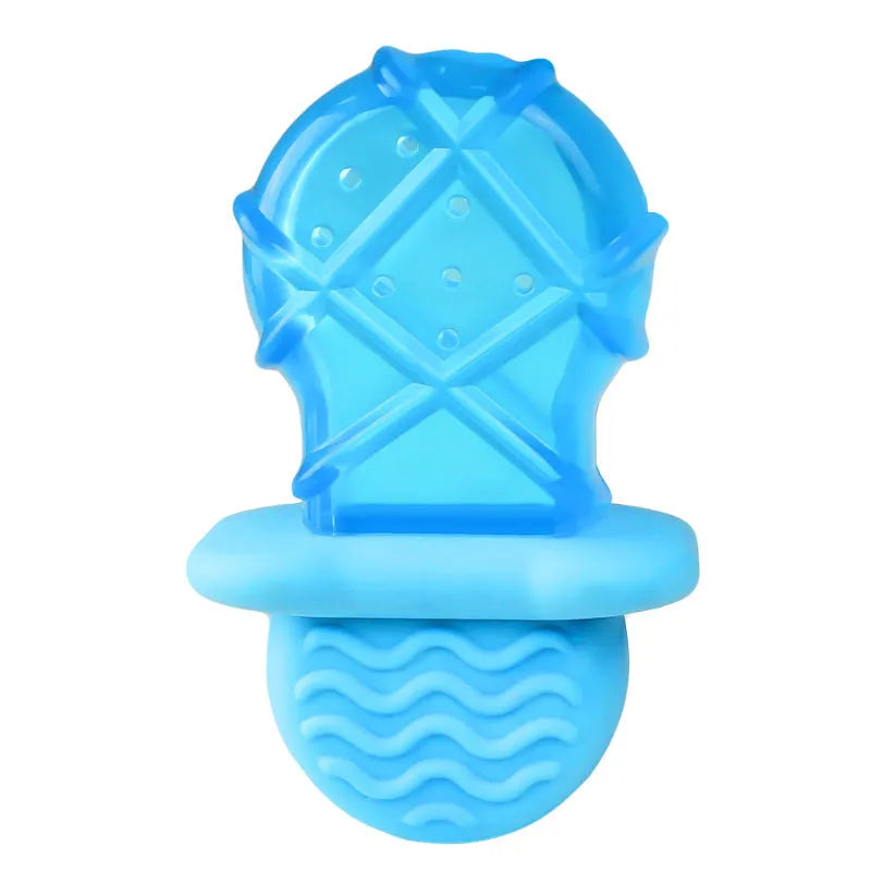 Three plastic dog toys: a blue pacifier, a red popsicle and an orange ring, designed to be filled with water and frozen.
