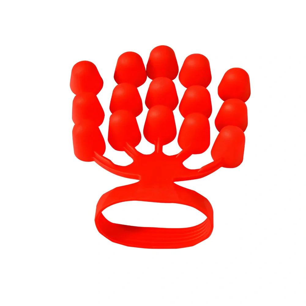 Black silicone finger tensioner with adjustable gears for strength training, showing 14cm size