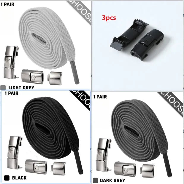 A pair of black widened flat elastic shoelaces with a silver press lock buckle on a white background.