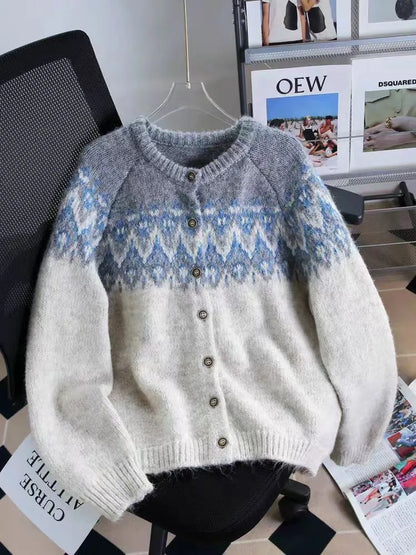 Women's contrast colour jacquard thickened sweater coat in loose fit with long sleeves, available in milky white, brown, or navy blue