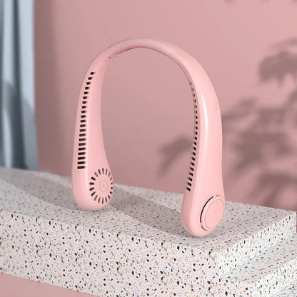 Pink USB charging portable bladeless neck fan with adjustable speeds, lightweight design for comfortable wear