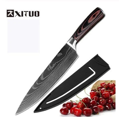 Premium 8-Piece Stainless Steel Chef Knife Set with Elegant Damascus Pattern Blades and Ergonomic Handles