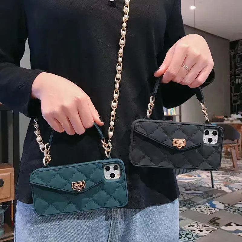 Luxury women's silicone iPhone case with pearl chain lanyard in beige, black, green, khaki, pink, or white