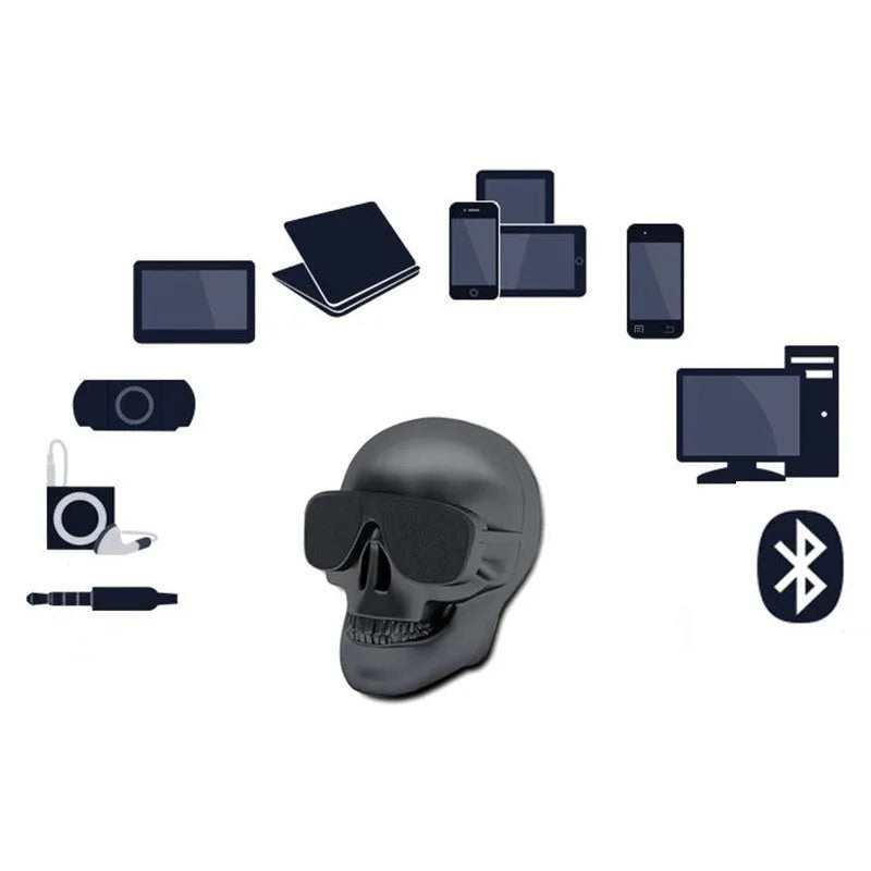 Limited edition Skull-shaped portable wireless Bluetooth speaker in various colours on a table.