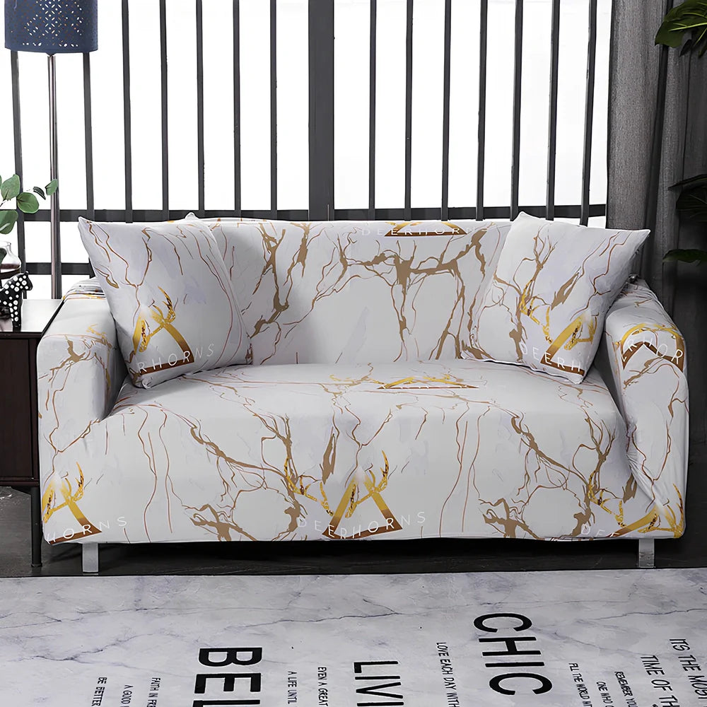 Printed geometric pattern sofa cover on double seat sofa measuring 145-185cm with spill protection