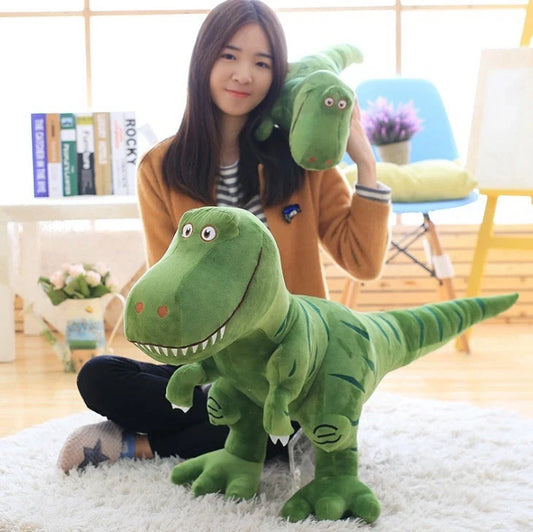 Adorable green dinosaur plush toy for kids, soft and huggable, perfect as a birthday gift.