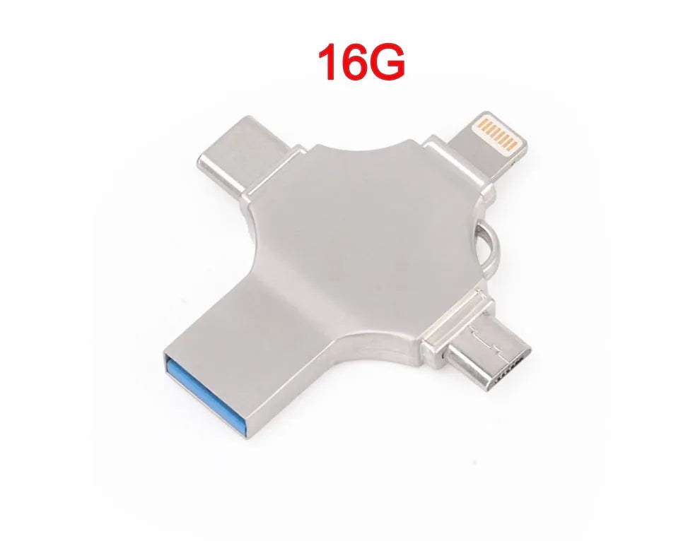 Metal mobile phone U disk with 4-in-1 iOS, Micro USB, Type-C and USB 3.0 connectors, 11g, in Silver