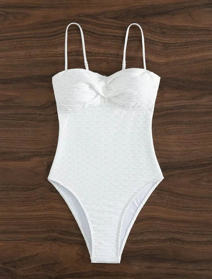 White women's one-piece swimsuit with sling design and solid colour pattern