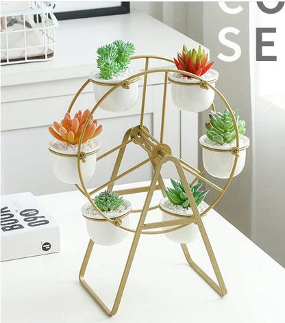 Ferris Wheel stand with 6 cement succulent plant pots in various colors