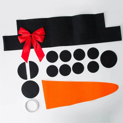 DIY snowman decoration kit with 16 components including hat, bow, and foam shapes on non-woven fabric